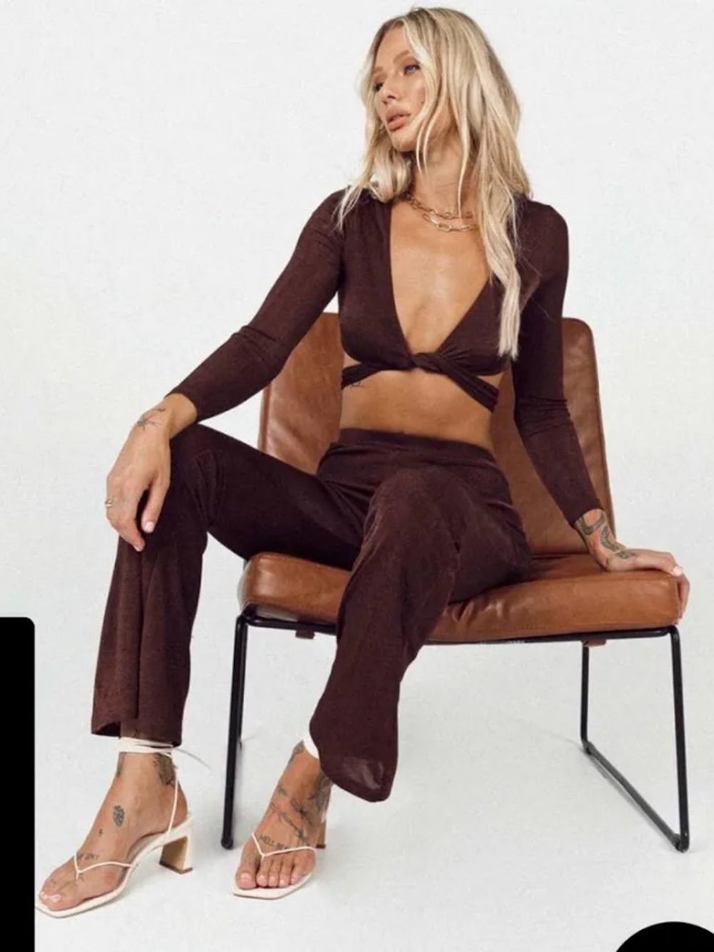 Brown Two-Piece Twist Front Crop Top & Pants Set